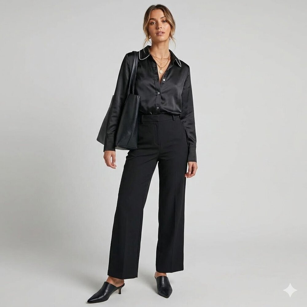 Kittenish Black Satin Pearl Collar Button Down Blouse XS NWT